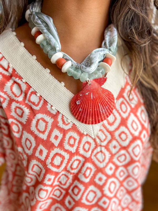 Beaded Bandana Necklace | Coral Shell